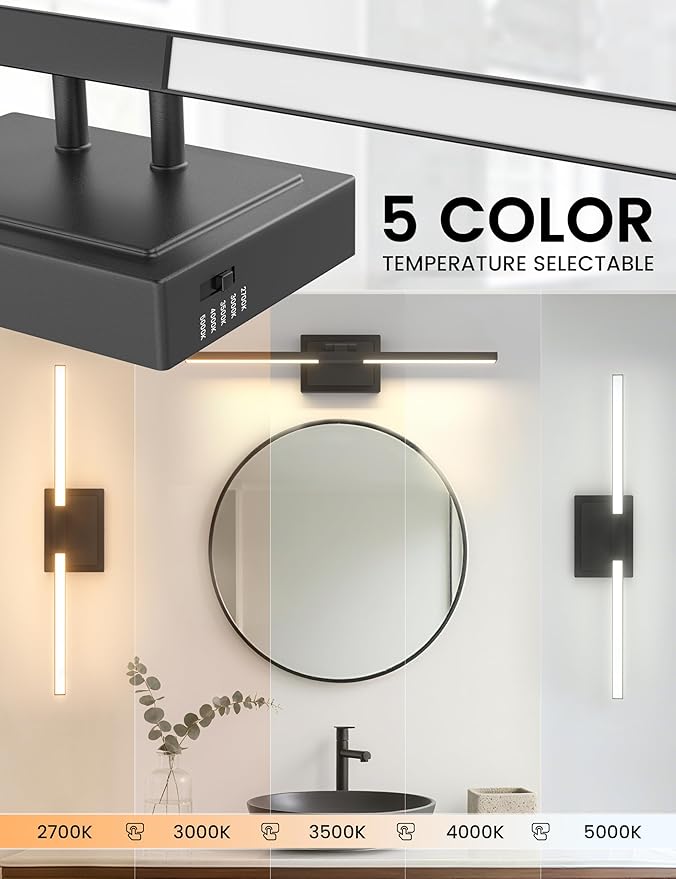 NIORSUN 24 Inch Modern Bathroom Light Fixture, 24W 5CCT Dimmable LED Black Bathroom Vanity Lights Over Mirror, Vanity Lights for Bathrooms Restroom Mirror- ETL Certified