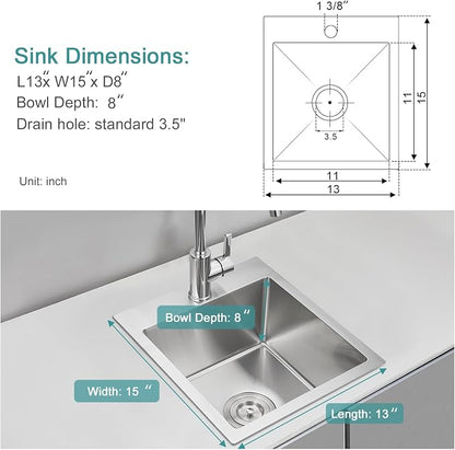 Brushed Topmount Kitchen Sink - 13”×15” Single Bowl Sink | 8 Inch Deep Handmade Bar Sink with Strainer, Stainless Steel 304, Center Drain, X-Groove Drainage, Sound-Dampening Pad