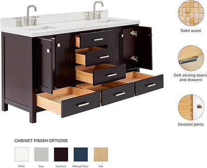 ARIEL Cambridge 66-inch Bathroom Vanity with Sink,Solid Wood, 1.5-inch Pure White Quartz Countertop, Double Rectangular Porcelain Sink, 4 Soft Closing Doors, 6 Dovetail Drawers, Espresso