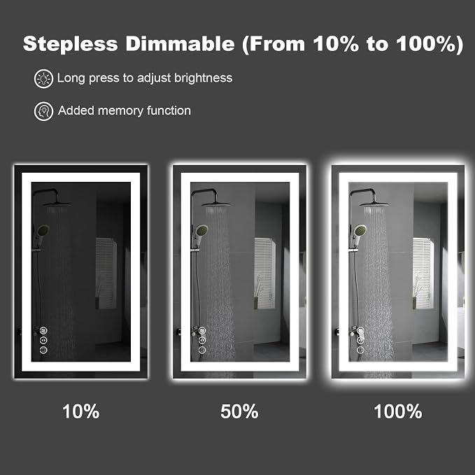 LED Bathroom Mirror, 72"X36" with Front Light and Backlit | Stepless Dimmable, Anti-Fog, Shatter-Proof, HD Reflection, Memory, 3 Colors Lighting, UL Listed