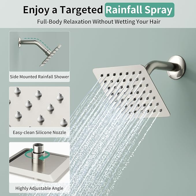 Shower Faucet Set Shower System - SR SUN RISE Brushed Nickel Shower Trim Kit with Dual Shower Head, 10'' Ceiling Rainfall 6'' Wall Mount with Handheld Shower for Couples, Complete 6 Diverter Valve