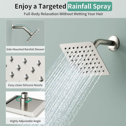 Shower Faucet Set Shower System - SR SUN RISE Brushed Nickel Shower Trim Kit with Dual Shower Head, 10'' Ceiling Rainfall 6'' Wall Mount with Handheld Shower for Couples, Complete 6 Diverter Valve