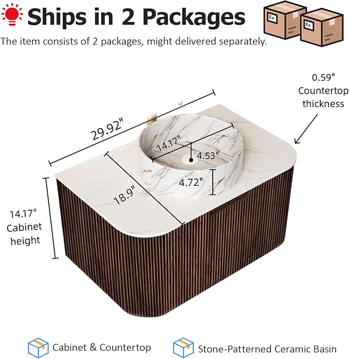 30" Floating Bathroom Vanity with Sink, Natural Solid Wood Modern Storage Cabinet with Ultra-Thin Stone Pattern Ceramic Basin and Marble Top, Soft-Close Drawer, Pre-Assembled, Dark Walnut