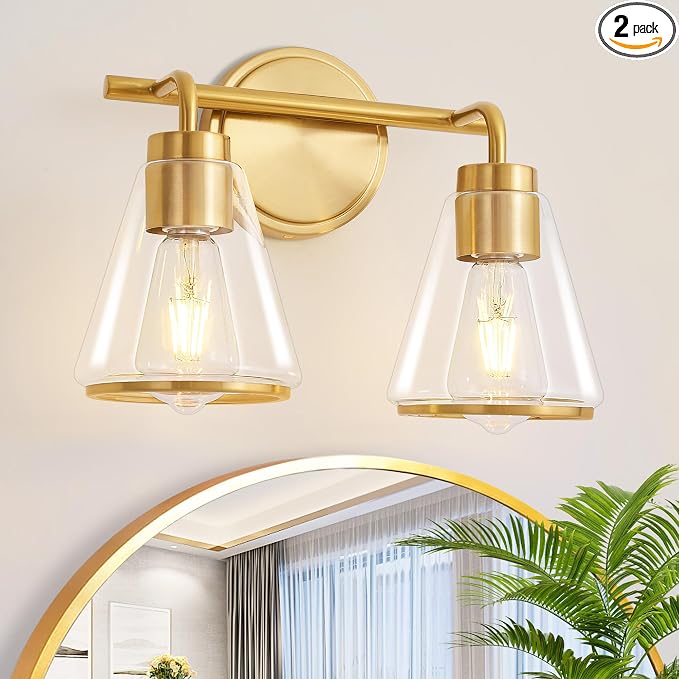 14" 2-Light Brushed Gold Modern Bathroom Vanity Light Fixtures Over Mirror | Clear Glass Shade, Heat-Resistant Ceramic E26 Socket, Wall Sconces, Rustproof, Fit 16–22 Inch Mirrors for Vanity Table