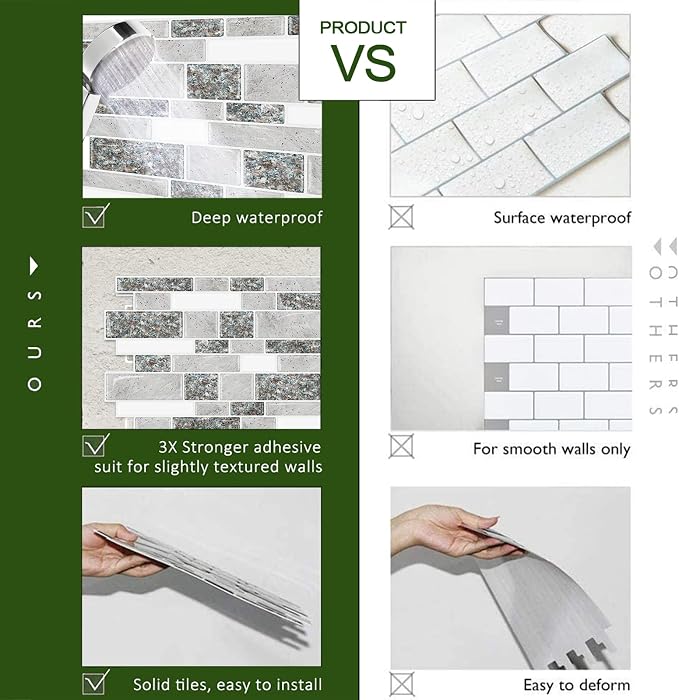 STICKGOO 10-Sheet Peel and Stick Backsplash for Kitchen, Decorative Self Adhesive Backsplash Tiles(Grey Granite, Thicker Design)