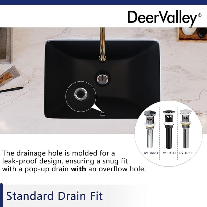 DeerValley Black Undermount Bathroom Sink 18'' x 13'' Rectangular Ceramic Bathroom Wash Basin with Overflow Hole DV-1U306B