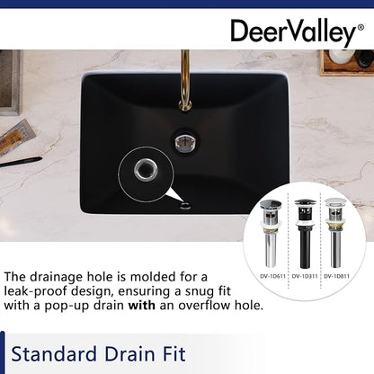 DeerValley Black Undermount Bathroom Sink 18'' x 13'' Rectangular Ceramic Bathroom Wash Basin with Overflow Hole DV-1U306B