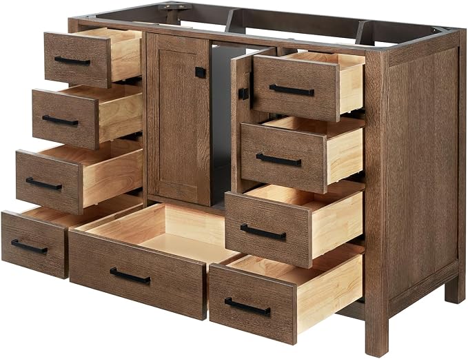 ARIEL Cambridge 48-inch Bathroom Vanity Base Cabinet,Solid Wood, 2 Soft Closing Doors, 9 Dovetail Drawers, Brown Oak