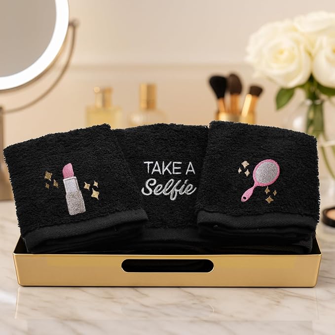 DAN River Black Makeup Towels - Pack of 6 (13x13 in) - Ultra Soft Cotton Face Towels with Embroidery - Reusable, Quick-Dry & Machine Washable Makeup Remover Cloths for Bathroom, Spa & Salon