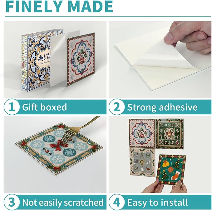 Easy Peel Stick wall Tile Stickers 6x6in Stick on backsplash Tiles,12Pcs | removable 3D tile for kitchen RV bathroom laundry backsplash decor,Ultra-high-definition printed christmas pattern
