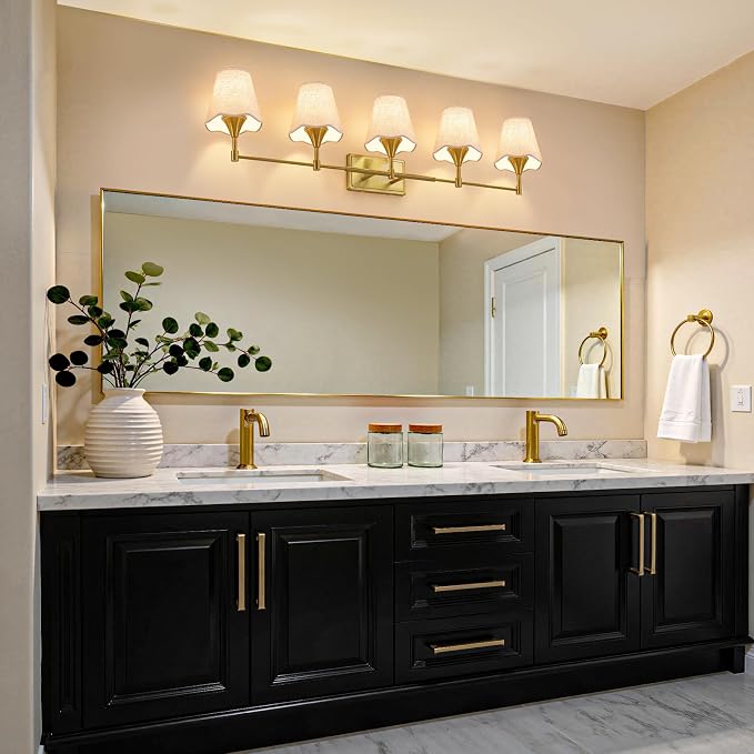 Gold Bathroom Vanity Light Fixtures: Brushed Gold Vanity Lights Over Mirror with Flared Fabric Shade, Modern Bathroom Lighting Fixtures, 5 Light Wall Sconces Lights for Bedroom Hallway Living Room