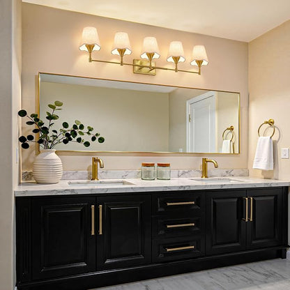 Gold Bathroom Vanity Light Fixtures: Brushed Gold Vanity Lights Over Mirror with Flared Fabric Shade, Modern Bathroom Lighting Fixtures, 5 Light Wall Sconces Lights for Bedroom Hallway Living Room