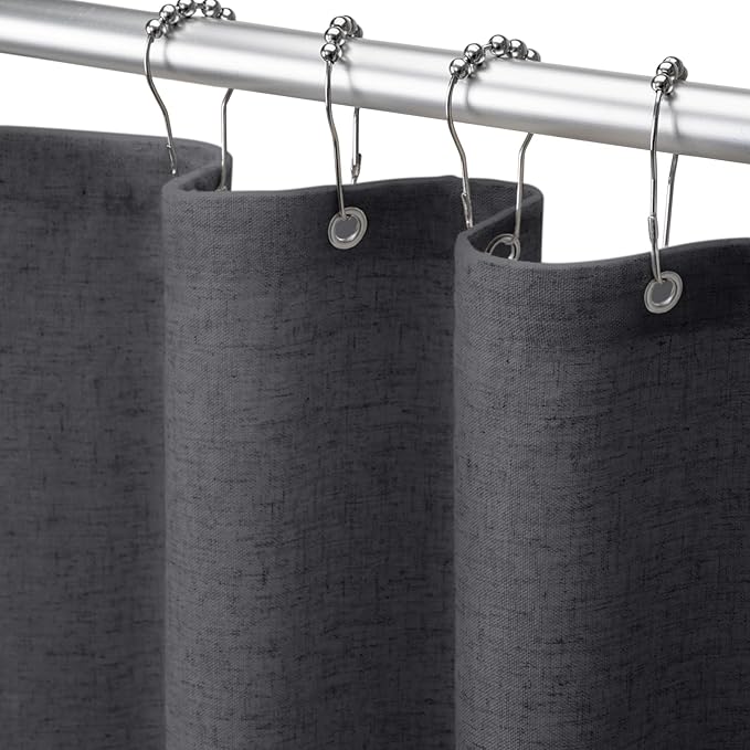 Linen Shower Curtain Flax Dark Gray, Fabric Boho Farmhouse Shower Curtains for Bathroom Cotton Natural Cloth Liner Set 72" W x 72" L
