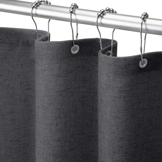 Linen Shower Curtain Flax Dark Gray, Fabric Boho Farmhouse Shower Curtains for Bathroom Cotton Natural Cloth Liner Set 72" W x 72" L
