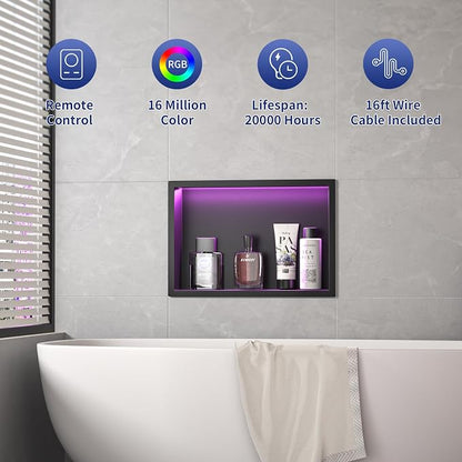Stainless Steel Led Shower Niche 12" X 18" Matte Black with RGB Light Waterproof Hardwired Dimmable No Tile Needed Recessed Wall Niche Shower for Bathroom Storage Over Mount Installation