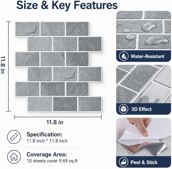 Peel and Stick Backsplash for Kitchen, Grey | 10 pack self‑adhesive tiles for backsplash, bathroom, or accent wall. Easy DIY install and wipeable. Covers approx. 10 sq ft.