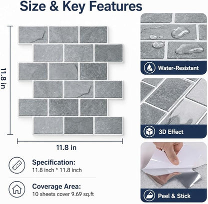 Peel and Stick Backsplash for Kitchen, Grey | 10 pack self‑adhesive tiles for backsplash, bathroom, or accent wall. Easy DIY install and wipeable. Covers approx. 10 sq ft.