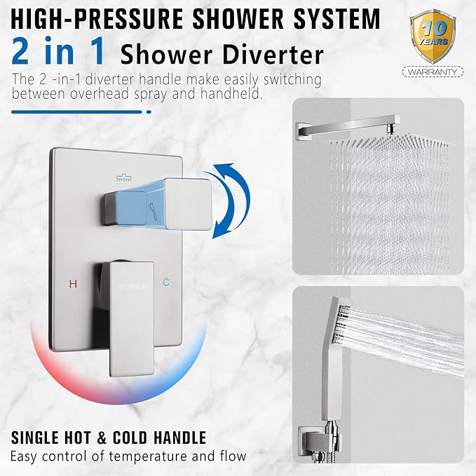10 Inch Rainfall Shower System - Wall Mounted Complete Combo with Solid Brass Pressure Balancing Valve, High Pressure Shower Head, Handle Set & Installation Accessories Nickel