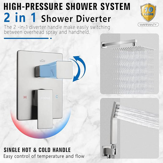 10 Inch Rainfall Shower System - Wall Mounted Complete Combo with Solid Brass Pressure Balancing Valve, High Pressure Shower Head, Handle Set & Installation Accessories Nickel