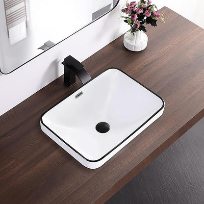 Bathroom Vessel Sink 20.6'' x 14.7'' Semi Recessed Bathroom Sink Rectangular Drop-in Vanity Sink with Overflow White with Black Rim Ceramic Modern Art Basin