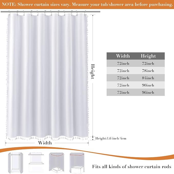 Extra Long White Boho Linen Shower Curtain 96 Inches Tassel Neutral Textured Cloth Shower Curtain Set with Hooks Rustic Elegant Shower Curtain for Bathroom Water Repellent 72x96, White