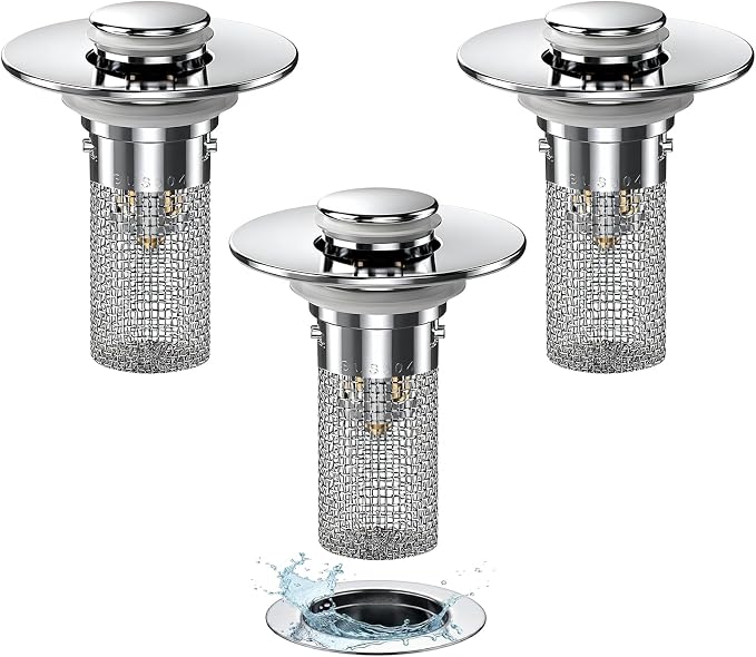 3PCS Bathroom Sink Drain Strainer Hair Catcher, Pop Up Universal Sink Drain Stopper with Removable Drain Filter Basket,Stainless Steel Drain Filter Cover Replacement, Sink Plug, Sink Trap,Drain Screen
