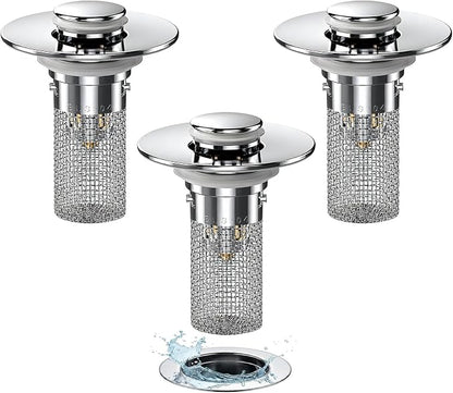 3PCS Bathroom Sink Drain Strainer Hair Catcher, Pop Up Universal Sink Drain Stopper with Removable Drain Filter Basket,Stainless Steel Drain Filter Cover Replacement, Sink Plug, Sink Trap,Drain Screen
