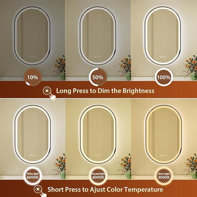 22x36 Inch Oval Black Framed LED Bathroom Mirror with Lights,Smart Bathroom Mirror,Motion Sensor,Tempered Glass,Anti-Fog,Stepless Dimmable & 3 Colors,Memory,Vanity Mirror for Wall