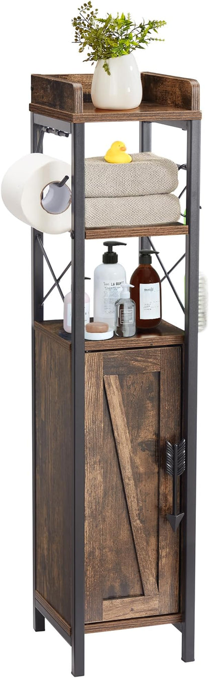 VECELO Small Bathroom Storage Cabinet, Slim Toilet Paper Holder with Shelves & Metal Racks, Organizer Cabinet for Narrow Spaces, Rustic Brown, Farmhouse Style