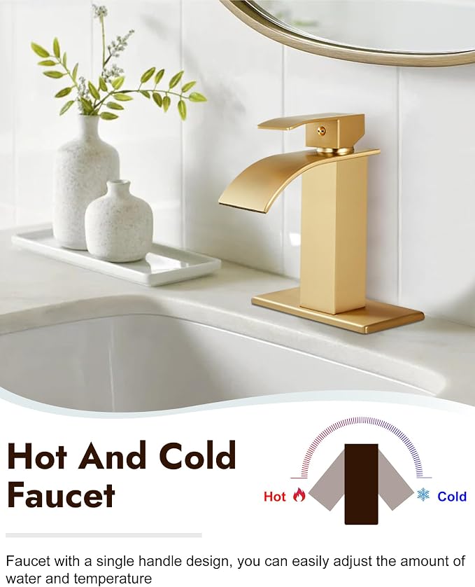 Midanya Waterfall Bathroom Faucet 1 Hole,Brushed Gold | with 24” Hoses,Pop Up Drain,6” Deck Plate,for 1 or 3 Hole Vanity,Lavatory,RV,Single Handle Bathroom Sink Faucet,NSF Certified