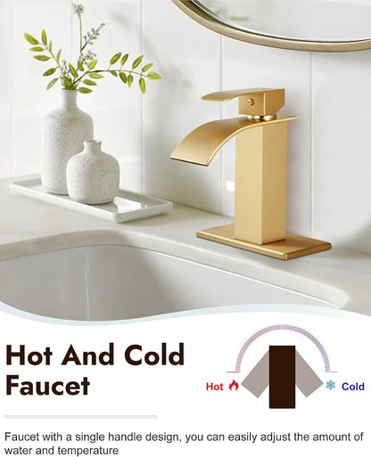 Midanya Waterfall Bathroom Faucet 1 Hole,Brushed Gold | with 24” Hoses,Pop Up Drain,6” Deck Plate,for 1 or 3 Hole Vanity,Lavatory,RV,Single Handle Bathroom Sink Faucet,NSF Certified