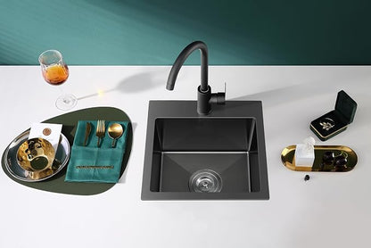 Black Topmount Kitchen Sink - 15”×15” Single Bowl Sink | 8 Inch Deep Handmade Bar Sink with Strainer, Stainless Steel 304, Center Drain, X-Groove Drainage, Sound-Dampening Pad