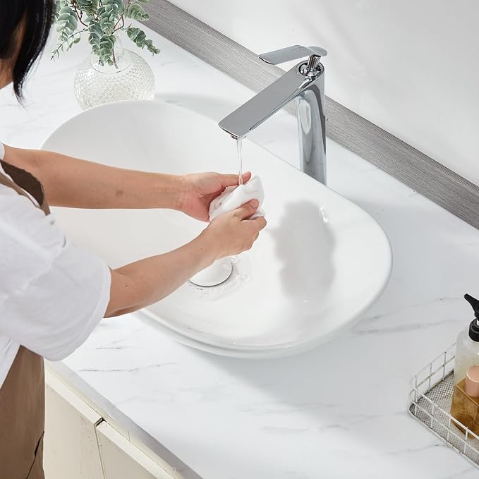 VEVOR Oval Vessel Sink with Bathroom Sink Drain, 23.3" x 14.2" Bathroom Vessel Sink Bowl Countertop, White Ceramic Bathroom Sinks Above Counter,Well-Packaged for Bathroom, Hotel, Toilet, RV