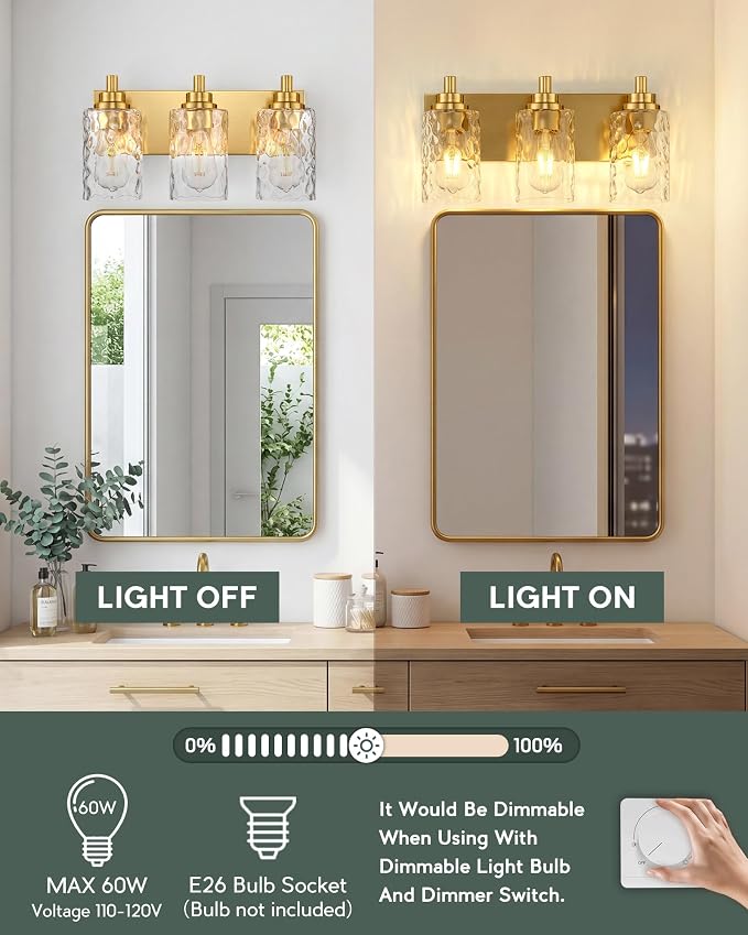 3-Light Brushed Gold Bathroom Vanity Light, Hammered Cylinder Glass | Ideal for 20-28" mirrors, 16.5" modern bathroom light fixtures over mirror, E26 base, bulbs not included, VL198-BG-3