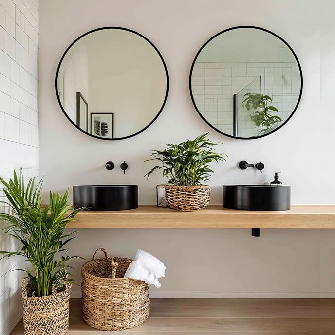 Black Round Mirror 20 inch, 2 Pack Circle Mirror, Matte Metal Frame | High Definition Mirror, Rust-resistant, Easy installation, Round Mirrors for Bedroom, Guest Room, Baby room, Vanity