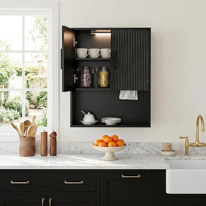 Modern Fluted Bathroom Wall Cabinet with Motion Sensor LED Light, Black Over The Toilet Storage with Tissue Dispenser, Soft-Close Hanging Medicine Cabinet with Adjustable Shelves & Open Rack