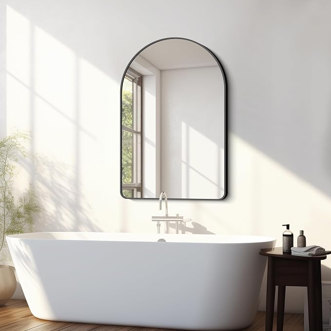 FORBATH Arched Bathroom Mirror 26x38 Inch, Bathroom Mirror Wall Mounted Modern Black Aluminum Alloy Frame Decor Dresser Mirror for Bedroom Living Room Entryway, Hanging or Leaning Against Wall