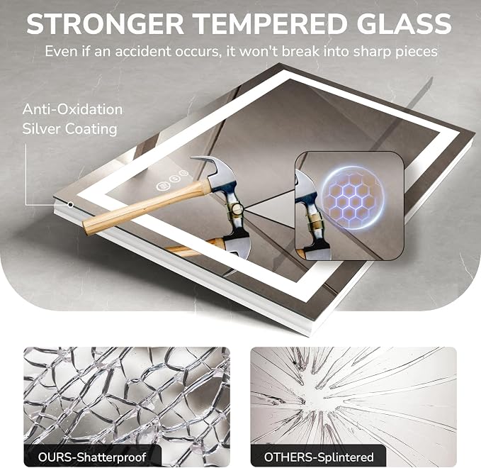 LED Bathroom Mirror 24x32 Inch | Tempered Glass - Frameless Backlit Lighted Mirror for Bathroom Vanity with Anti-Fog, 3 Colors Dimmable, Memory Function,