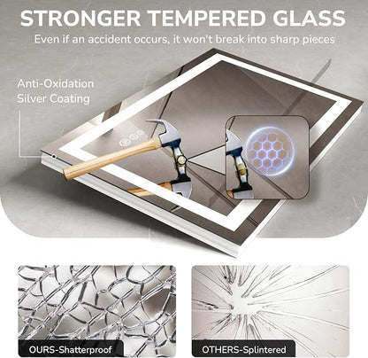 LED Bathroom Mirror 24x32 Inch | Tempered Glass - Frameless Backlit Lighted Mirror for Bathroom Vanity with Anti-Fog, 3 Colors Dimmable, Memory Function,