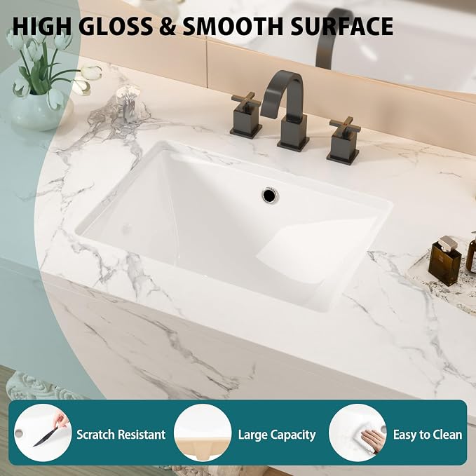 18.5x14 Inch White Ceramic Undemrount Bathroom Sink | undemrount rectangle Under Counter Lavatory Vanity Sinks Basin for Bathroom