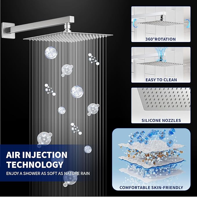 BWE Shower System Brushed Nickel 10 Inch Square Bathroom Luxury Rain Mixer Shower Combo Set Shower Kit Wall Mounted Rainfall Head Shower Faucet Rough-in Valve Body and Trim Included