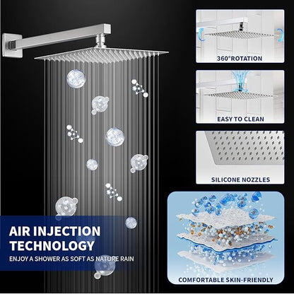 BWE Shower System Brushed Nickel 10 Inch Square Bathroom Luxury Rain Mixer Shower Combo Set Shower Kit Wall Mounted Rainfall Head Shower Faucet Rough-in Valve Body and Trim Included