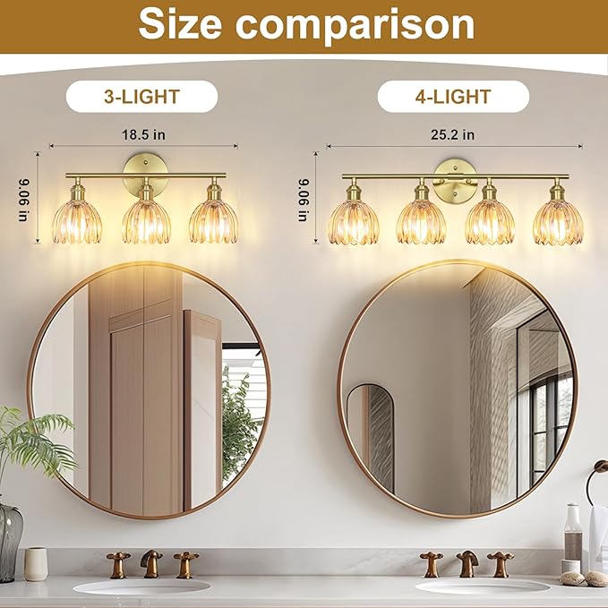 Vintage Bathroom Light Fixtures,3-Light Hardwired Vanity Lights with Amber Tulip Glass Shade,Gold Bathroom Vanity Light for Mirror Restroom,E26 Socket,18.5 in(Bulbs Not Included)