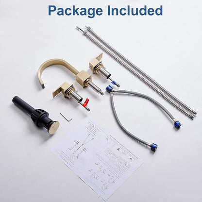 Brushed Gold Bathroom Faucet 3 Hole, Waterfall 8 Inch Widespread Gold Bathroom Sink Faucets with Pop-up Drain and Supply Hoses, 360° Swivel Spout 2-Handle Sink Faucet for Bath Vanity