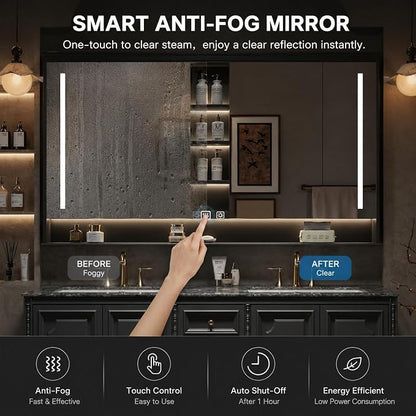 60 in Double Bathroom Vanity with Sinks - Modern Floating Bathroom Vanity with Solid Wood Cabinet, Anti-Fog Mirror and Integrated Stone Sinks | Wall Mounted Design | Ample Storage