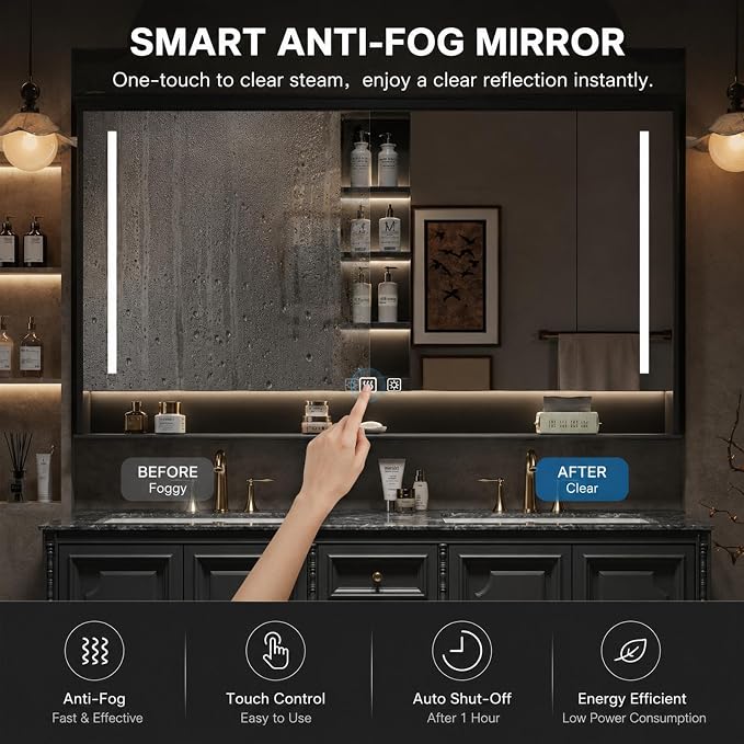 76 in Double Bathroom Vanity with Sinks - Modern Floating Bathroom Vanity with Solid Wood Cabinet, Anti-Fog Mirror and Integrated Stone Sinks | Wall Mounted Design | Ample Storage