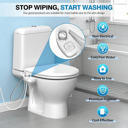 Non-Electric Bidet Attachment, Self-Clean Dual Nozzles, Adjustable Pressure | Ultra Slim Intuitive One-Touch, Retractable Nozzle Structure, Warm Water Rear & Feminine Washing Modes, Stainless Steel Iniet