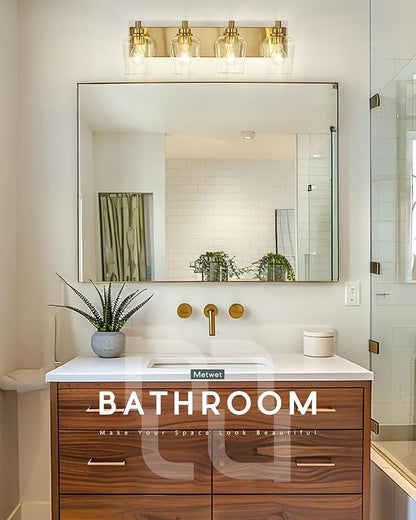 Bathroom Light Fixtures, 4-Light Modern Vanity Light with Clear Glass Wine Glass-Shaped Shade, Vanity Lighting Fixtures Over Mirror, Brushed Gold, VL155-BG-4