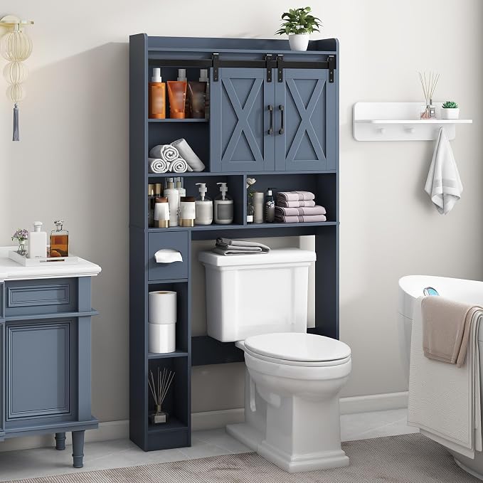 Vabches Over The Toilet Storage Cabinet with Sliding Doors, Blue | Farmhouse Storage Cabinet Over Toilet, Home Space-Saving Toilet Rack, Toilet Paper Holder Stand,for Restroom,Bathroom,Laundry
