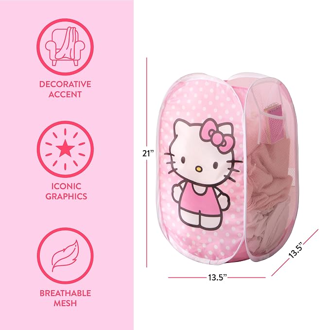 Idea Nuova Sanrio Hello Kitty Pop-Up Hamper,Collapsible Laundry Basket with Durable Handles,Lightweight Storage Bin for Kids' Bedroom, Nursery, or Playroom,Pink
